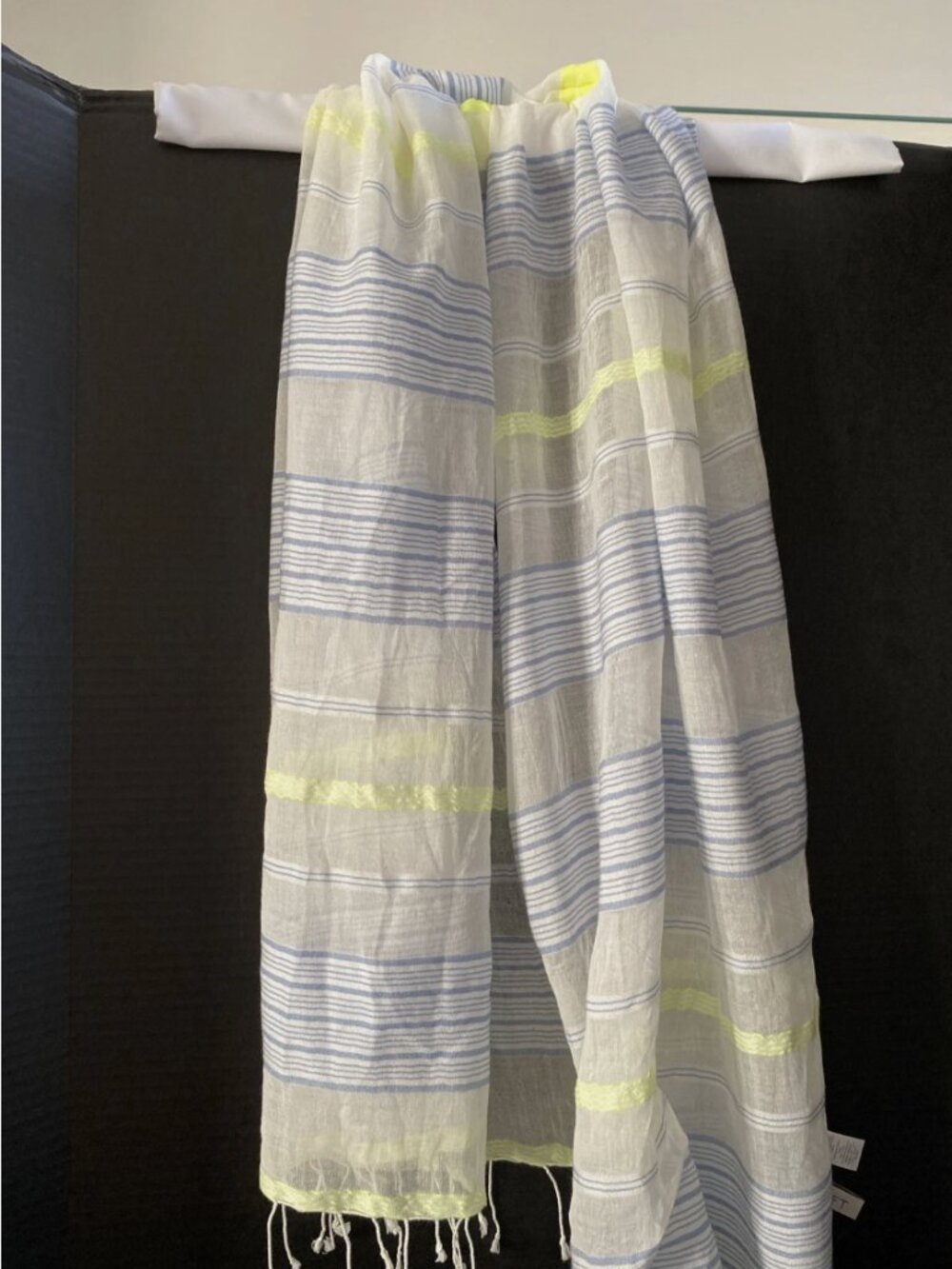 LEMLEM Blue and Neon Yellow Striped Cotton Throw Scarf with Fringe - NWT!